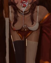 1girls bent_over bra brown_hair choker cum cum_dripping_down_chin cum_in_mouth cum_on_lips cumdrip female hidden_eyes kono_subarashii_sekai_ni_shukufuku_wo! licking_lips lipstick long_hair megumin one_breast_out painting_(artwork) red_robe robe staff thighhighs velikkij