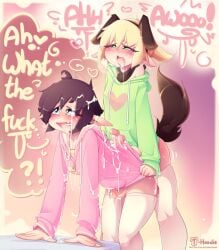 2boys blonde_hair blue_eyes blush bottomless brown_hair cum cum_on_body cum_on_clothes cum_on_face cum_on_hair cumshot dialogue dog_ears dog_tail ejaculation elf fake_animal_ears femboy femboy_on_femboy girly green_eyes green_hoodie hoodie hoodie_(artist) long_hair_male male male/male male_only max_(hoodie) moaning open_mouth open_smile original original_character pink_hoodie pointy_ears ponytail stockings tail thighhighs twitter_username vick_(hoodie) watermark white_legwear white_thighhighs yaoi