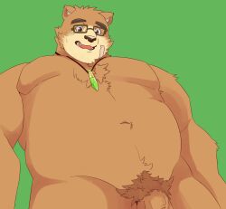 2022 anthro brown_body eyewear flaccid genitals glasses green_background hi_res kemono lifewonders male mammal overweight overweight_male penis pubes qdng0atngbaqmce simple_background solo tokyo_afterschool_summoners ursid video_games volos