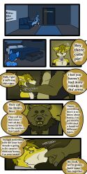 1:2 2022 9:18 anthro biped canid cobalt_(tatsuchan18) collar comic detailed_background dialogue duo english_text fur hair hi_res male mammal open_mouth speech_bubble standing tatsuchan18 text ursid