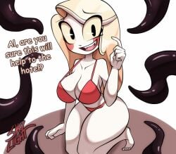 big_breasts bikini breasts charlie_morningstar_(hazbin_hotel) cute demon_girl hazbin_hotel humanoid long_hair looking_at_viewer nervous nervous_smile skylight_(artist) smile solo_female tentacle text thighs voluptuous