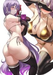 1girls 2022 ass bb_(fate) bikini blush breasts cleavage covering_eyes fate/extra_ccc fate/grand_order fate_(series) female female_only gold_bikini golden_bikini heart-shaped_pupils hips holding_object huge_breasts large_ass long_hair mask purple_eyes purple_hair silver_bikini simple_background slim_waist thick_thighs thighhighs thighs uo_denim very_long_hair wide_hips