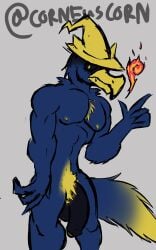 absurd_res anthro balls black_mage body_hair chest_hair corneuscorn elemental_manipulation fire fire_manipulation genitals hi_res humanoid_genitalia humanoid_penis long_penis long_tail male murkrow nintendo nipples nude penis pokémon_(species) pokemon pubes solo video_games