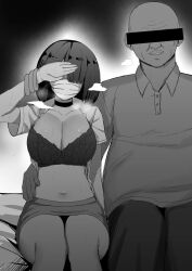 1boy bald bangles bar_censor black_bar_censoring black_bars black_bra black_choker black_hair bra censored choker cleavage clothed collared_shirt dark-skinned_male dark_skin ela_angraeni_(revian_samuel_dani) eyes_covered face_mask faceless faceless_male feet_out_of_frame female greyscale grin hairclip hand_around_waist hand_over_eye knees_together large_breasts mask monochrome mouth_mask navel netorare older_male older_man_and_teenage_girl open_shirt original revian_samuel_dani school_uniform schoolgirl schoolgirl_uniform short_hair short_sleeves sitting skirt smile stomach teenage_girl teeth ugly_bastard ugly_man white_shirt younger_female