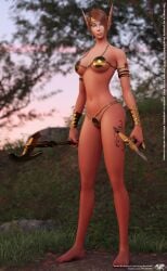 3d angelblade69 armlet armor axe barefoot bikini_armor blizzard_entertainment blue_eyes bracelet brown_hair circlet female female_only gold_bikini holding_weapon large_breasts lithe looking_at_viewer outside revealing_clothes short_hair skimpy_clothes void_elf world_of_warcraft