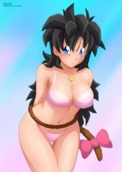 black_hair blue_eyes blush bra commission commissioner_upload diamond dragon_ball dragon_ball_gt dragon_ball_heroes dragon_ball_super dragon_ball_xenoverse dragon_ball_z eyebrows_visible_through_hair female female female_only female_saiyan gold_necklace heart_necklace long_hair messy_hair monkey_tail necklace oc original original_character pink_bow pink_bra pink_panties saiyan saiyan_tail shounen_jump smile solo solo_female tail valentine's_day zel-sama zou_(dragon_ball_xenoverse)