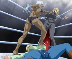 aka_ookami big blonde_hair boob_punch boxing_ring breast_expansion breast_punch breasts catfight dark_skin defeat defeated fainted fighting_ring fully_clothed huge_breasts lactation lactation_through_clothes large_breasts peeing plump punching punching_breasts ryona step_on_breasts stepped_on tontoro_daiyokujou urine white_hair wrestling_ring