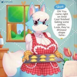 2022 animal_crossing anthro anthrofied apron baking baking_tray big_breasts blue_body blue_fur blush breasts button_shirt canid canine canis cleavage cleavage_cutout cleavage_window clothed clothing cookie cookies dialogue dialogue_bubble english_text eyelashes female female_only food fur furry furry_only gammainks housewife huge_breasts huge_hips interior_background large_breasts looking_at_viewer mature mature_female nintendo oven_mitts skye_(animal_crossing) smiling solo solo_female speech speech_bubble standing tail talking_to_viewer text text_bubble thick_thighs tight_clothes tight_clothing tight_fit video_games white_fur wholesome wide_hips wife wolf wolf_ears wolf_girl wolf_tail