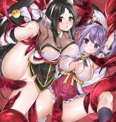 2girls aisha_(elsword) aisha_landar ara_haan armpits arms_up asura_(elsword) battle_magician_(elsword) black_hair blush breasts censored chestnut_mouth closed_mouth dot_nose elsword glaring heterochromia large_breasts leg_lift mismatched_eyebrows mosaic_censoring multicolored_hair multiple_girls pink_skirt purple_eyes purple_hair purple_socks pussy red_eyes restrained shiny_skin short_hair skirt socks streaked_hair sula_(s_ra760) tentacle twintails two-tone_hair white_hair yellow_eyes