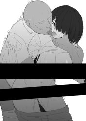 1boy bald bar_censor black_bar_censoring black_bars black_hair blush clothed_sex dark-skinned_male dark_skin ela_angraeni_(revian_samuel_dani) female french_kiss french_kissing greyscale hair_over_one_eye kissing kissing_while_penetrated legs_apart monochrome navel one_eye_covered original pants_down pants_pull revian_samuel_dani saliva school_uniform schoolgirl schoolgirl_uniform sex_from_behind short_hair short_sleeves skirt_pull standing_sex stomach sweat tongue_kiss tongue_out tongue_to_tongue upper_teeth white_shirt