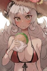 bikini blue_archive blush breasts burger demon_horns eyes eyes_open female flower food food_on_face front-tie_top hair hair_ornament hairclip hat hat_flower highres holding holding_food horns izumi_(blue_archive) izumi_(swimsuit)_(blue_archive) large_breasts light_brown_hair long_hair looking_at_viewer open_eyes red_bikini red_hairclip roly_loli simple_background sketch solo straw_hat sun_hat swimsuit upper_body very_long_hair wavy_hair white_background yellow_eyes