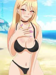 1girls artist_name beach bikini blonde_hair choker female fringe gyaru kitagawa_marin long_fingernails long_hair long_nails looking_at_viewer necklace petite pink_eyes powkasa red_eyes red_hair seductive_eyes seductive_look seductive_smile smile solo_female solo_focus sono_bisque_doll_wa_koi_wo_suru two_tone_hair