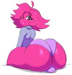 1boy ass balls big_ass bubble_butt clothing femboy girly looking_at_viewer looking_back male_only panties pink_skin purple_panties sitting smiling smiling_at_viewer sssonic2 superprowaffles trap