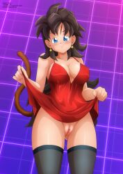 black_hair blue_eyes blush breasts commission commissioner_upload dragon_ball dragon_ball_gt dragon_ball_heroes dragon_ball_super dragon_ball_xenoverse dragon_ball_z dress_lift eyebrows_visible_through_hair female female female_only female_saiyan large_breasts long_hair messy_hair monkey_tail nipples oc original original_character purple_background pussy red_dress saiyan saiyan_tail shounen_jump solo solo_female tail thighhighs zel-sama zou_(dragon_ball_xenoverse)