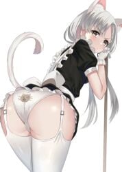 :< angry cat_ears cat_girl cat_humanoid cat_panties cat_tail catgirl catgirls heart holding_pole lingerie looking_at_viewer looking_back maid maid_dress maid_headdress maid_uniform medium_ass neko pole small_breasts small_waist thick_thighs thighhigh_stockings twintails white_ears white_gloves white_hair white_lingerie white_panties white_tail yellow_eyes