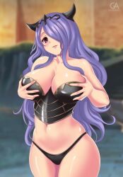 1girls camilla_(fire_emblem) female fire_emblem fire_emblem_fates grabbing_own_breast grigorart horns large_breasts long_hair nintendo purple_eyes solo