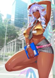 1girls 2022 armpits artist_name artist_signature belt belt_buckle belt_skirt bikini blurry_background bracelet breasts buildings busty city city_background dark-skinned_female dark_elf dark_skin detached_collar ear_piercing ear_piercings elf elf_female eyebrows_visible_through_hair eyelashes eyeliner eyeshadow female female_elf female_only fingernails formal ganguro gyaru hand_on_own_head heart heart_earrings hi_res high_resolution highres hourglass_figure huge_breasts jewelry kogal kuro_gyaru lace-trimmed_panties lace_trim lips lipstick long_fingernails lots_of_jewelry makeup mascara massive_breasts microskirt miniskirt multiple_piercings nail_polish necktie necktie_between_breasts no_shirt original original_character panties pantyshot pantyshot_(standing) piercing pink_belt pink_lips pink_lipstick pink_nail_polish pink_nails pointy_ears ring sharp_fingernails silver_hair skirt solo solo_female standing standing_on_one_leg striped_skirt tatsunami_youtoku white_panties white_stripes year