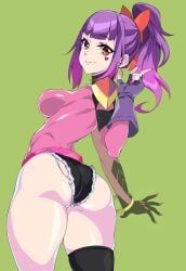 1girls ass cowboy_shot fortnite fortnite:_battle_royale gloves iogrunt looking_back purple_hair red_eyes ribbon short_shorts solo tracy_trouble_(fortnite) v_sign