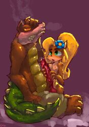 activision bandicoot big_penis big_tail blonde_hair blush bodily_fluids canid canine canis clothed clothed/nude clothed_male_nude_female clothing coco_bandicoot crash_(series) crocodile crocodilian crocodylid dingo dingodile dripping edit ema_npr female flower genitals green_eyes hair hi_res hybrid implied_oral male male/female mammal marsupial nude penis plant ponytail reptile saliva saliva_drip saliva_on_penis saliva_on_tongue saliva_string scalie sharp_teeth straight teeth uncensored video_games