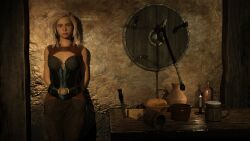 1girls 3d artist_upload axe blonde_hair blue_eyes bottle candle cheese cleavage_cutout clothed daz_studio driigon elf female female_only freckles hands_behind_back indoors knife leaning_against_wall medieval oc shield standing table tankard tavern