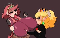 2022 2girls ahe_gao black_dress blush bodysuit bottomwear bowsette breast_grab breast_sucking breast_sucking_through_clothes breasts clothed clothing crossover crown curvy_female dopy_pyra duo duo_focus female female/female female_focus female_only femdom fishnet_legwear fishnets fully_clothed genderswap_(mtf) gigantic_breasts goth grabbing_breasts green_earrings grey_background hand_on_breast heart-shaped_pupils heart_eyes hearts horned_humanoid horns huge_breasts large_breasts lemonadepikachu long_hair looking_pleasured mario_(series) new_super_mario_bros._u_deluxe nintendo nipple_bulge nipple_pinch nipples_visible_through_clothing pale-skinned_female pale_skin pink_hair pleasure_face ponytail pyra queen rule_63 saliva saliva_drip short_hair sucking sucking_nipples sweat sweatdrop tongue tongue_out top_heavy topwear worried_expression xenoblade_(series) xenoblade_chronicles_2 yellow_hair yuri