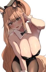 360_(taiyo360) :d absurdres animal_ear_fluff animal_ears arknights arm_up bare_shoulders bent_over black_bow black_bowtie black_hoodie black_leotard blemishine_(arknights) blush bow bowtie breasts brown_eyes brown_hair brown_legwear bunny_ears cleavage collarbone cowboy_shot detached_collar eyebrows_visible_through_hair fake_animal_ears female female highres hood hoodie horse_ears horse_girl horse_tail large_breasts leotard long_hair looking_at_viewer open_mouth pantyhose playboy_bunny ponytail rabbit_ears simple_background smile solo strapless strapless_leotard sweat tail very_long_hair white_background wrist_cuffs