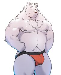 1boy 2022 absurd_res anthro biped bodily_fluids bulge clothing cum genital_fluids hi_res humanoid_hands jockstrap kajin-sama male male_only mammal navel nipples polar_bear simple_background solo underwear ursid ursine white_background white_body