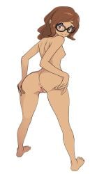 1girls athorment_oc brown_eyes brown_hair evelyn_(athorment) evelyn_(athorment)_(female) female female_focus female_only glasses latina looking_at_viewer looking_back nipples presenting presenting_ass presenting_pussy small_breasts smile solo solo_female solo_focus thighs wavy_hair