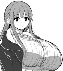 1girls bangs breasts button_down_shirt clothed fern_(sousou_no_frieren) huge_breasts k_kimisono long_hair mage monochrome solo solo_female sousou_no_frieren