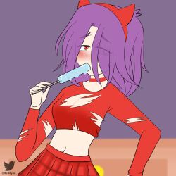 1girls bonnie_(fnafhs) brunilda_(fnafhs) clothed fhs fhsz3r0 fnafhs fnafhs_z3ro fnafhsrule34 hell4you_ licking licking_popsicle long_hair oral oral_insinuation popsicle purple_hair red_eyes rule_63