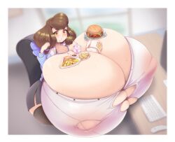 aloe_(shinarusayuno) brown_hair burger button_gap buttons cleavage food french_fries fries hoodie hyper hyper_breasts nipple_bulge nipples_visible_through_clothing shinarusayuno skirt soda straining_buttons textless thighhighs tight_clothing