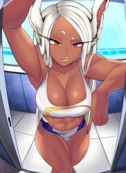 1futa 2021 abs absurd_res animal_ears artist_name big_breasts breasts bulge bulge_through_clothing bunny_ears bunny_girl castell cleavage clothed clothing dark-skinned_futanari dark_skin erection eye_contact fully_clothed futa_only futanari hero_outfit_(mha) high-angle_view high_resolution humanoid humanoid_penis kemonomimi large_breasts long_hair looking_at_viewer minishorts miruko my_hero_academia navel red_eyes rumi_usagiyama solo solo_futa sports_bra standing thick_thighs thighs white_hair