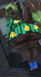 1girls anthro ass_bigger_than_head ass_bigger_than_skirt ass_bigger_than_torso big_ass bottom_heavy dress dumptruck_ass enormous_ass fat_ass female furry green_hair huge_ass hyper hyper_ass looking_back pyredaemos smug smug_face smug_grin solo_female squigga squirrel sweat text upskirt