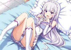 1girls ass_visible_through_thighs breasts elf elf_ears elf_female elf_girl emilia_(re:zero) hair_ornament kneesocks large_breasts long_hair minato_yoshihiro miniskirt panties pointy_ears puck_(re:zero) purple_eyes re:zero_kara_hajimeru_isekai_seikatsu silver_hair teenage_girl teenager thighs