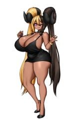 1girls aife_(zanamaoria) big_breasts blonde_hair bracelets brown_hair collar curved_horns dark-skinned_female dark_skin demon_horns dress female female_only hair_on_horn heels horns hourglass_figure looking_at_viewer mk001black pink_eyes ring smiling smiling_at_viewer solo solo_female succubus thick_thighs two_tone_hair very_long_hair white_background wide_hips winking winking_at_viewer