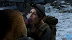 3d anna_miller_(metro) canine canine_penis car closed_eyes fellatio female hat metro_(series) metro_exodus oral partial_male scar the_vice_art winter_clothes zoophilia