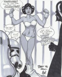 a_new_hope adam_hughes bare_arms bare_legs bare_shoulders bare_thighs belly belly_button black_and_white bra captive captured carrie_fisher commission darth_vader exposed exposed_shoulders exposed_torso interrogation legs panties princess_leia_organa restrained sci-fi science_fiction speech_bubble standing star_wars stormtrooper underwear underwear_only white_underwear