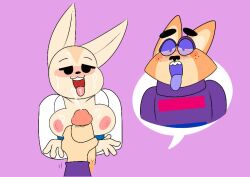 2021 aggressive_retsuko aggretsuko anthro black_eyes blush breasts cum cum_in_mouth cum_on_breasts cum_on_face cum_on_tongue cumshot duskcy facial female fennec fenneko fox looking_pleasured male nipples office_lady orange_fur original_character penetration penis purple_background purple_eyes sanrio smooth_fur tan_fur tongue tongue_out