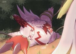 2022 anthro bodily_fluids bound censored cum cum_on_ground detailed_background ejaculation erection gardevoir genital_fluids genitals hi_res kemono kentachen27 lying male male_focus male_only nintendo outside penis pokémon_(species) pokemon pokemon_(species) red_body slightly_chubby solo_focus tentacle video_games white_body zangoose