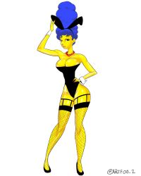 1girls artfoo_1 big_breasts blue_hair bunny_ears bunnysuit cleavage collar long_hair marge_simpson mature_female milf mother necklace solo standing the_simpsons white_background yellow_skin