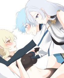 alternate_costume black_bikini blonde_hair blue_hair blush breast_grab chongyun_(genshin_impact) deepinsiade eye_contact genshin_impact grabbing groping guiding_hand lumine_(genshin_impact) shenhe_(genshin_impact) teaching yuri