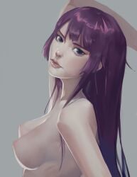 1girl 1girls 2022 asian asian_female black_eyes black_iris breasts female female_only japanese japanese_female light-skinned_female light_skin long_hair looking_at_viewer medium_breasts monogatari_(series) nipples no_bra nude nude_female one_arm_behind_head one_arm_up pose posing purple_hair realistic_breast_size senjougahara_hitagi side_view simple_background solo_female teenage_girl teenager tristanmori upper_body