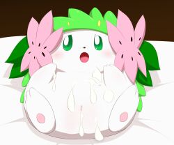 bed blush bodily_fluids cum cum_in_pussy cum_inside cum_on_body female feral furniture genital_fluids hi_res land_forme_shaymin legendary_pokemon lying minami_(artist) nintendo on_back on_bed pokémon_(species) pokemon pokemon_(species) shaymin solo video_games