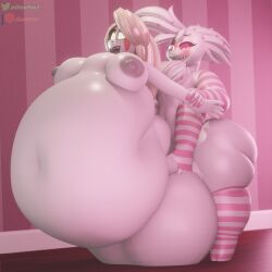 1boy 1girls 3d angel_dust_(hazbin_hotel) big_belly charlie_morningstar_(hazbin_hotel) demon_girl dinopony female femboy femboy_on_female hazbin_hotel huge_breasts huge_cock hyper hyper_balls hyper_penis inflation male pectoral_bulge straight