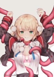 arms_above_head black_jacket blonde_hair blue_tie blush bra braids collared_shirt embarrassed green_eyes groping hands_above_head helpless indie_virtual_youtuber jacket open_shirt pink_bra pink_tentacles pom_pom_(clothes) pout restrained restrained_by_tentacles school_uniform schoolgirl shigure_ui_(vtuber) skirt stripped_by_tentacles sweat tears tentacle tentacle_around_breast tentacle_around_neck tentacles_around_arms tentacles_under_clothes translucent_clothing translucent_shirt unbuttoned_shirt undressing virtual_youtuber white_shirt