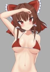 arm_behind_back arm_up armpits bangs bare_shoulders bikini blush bow breasts brown_hair closed_mouth collarbone eyebrows_behind_hair female frilled_bow frilled_hair_tubes frills frown grey_background hair_tubes hairbow hand_on_forehead head_tilt highres l_(rrvu8245) long_hair medium_breasts navel red_bikini red_bow red_eyes reimu_hakurei sidelocks simple_background solo swimsuit touhou tsurime upper_body