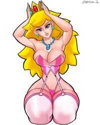 1girls 2d armpits artfoo_1 blonde_hair blue_eyes breasts cleavage collar crown female female_focus female_only full_body garter_straps head_tilt long_hair looking_at_viewer mario_(series) necklace nintendo on_knees princess_peach seiza sexy_armpits simple_background sitting solo white_background