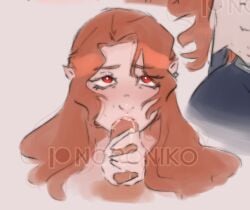 2021 blowjob blush castlevania castlevania_(netflix) cum cum_in_mouth eye_contact fellatio female female_only lenore_(castlevania) noroniko oral orange_hair penis pointy_ears pov red_eyes red_hair two_handed_stroking vampire