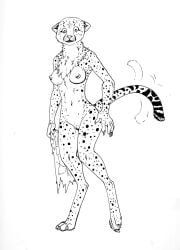 1girls anthro arania breasts cheetah chest_tuft claws digitigrade felid feline female gender_transformation genitals hi_res mammal monochrome mtf_transformation multi_nipple nipples paws pussy solo species_transformation spots transformation tuft