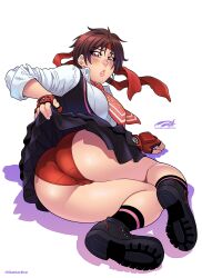 1girls ass blush brown_hair cameltoe capcom clothing darkereve female female_only fingerless_gloves inviting looking_at_viewer lying lying_on_side necktie panties red_panties sakura_kasugano shadow skirt skirt_lift solo solo_female street_fighter street_fighter_v tomboy trefoil white_background